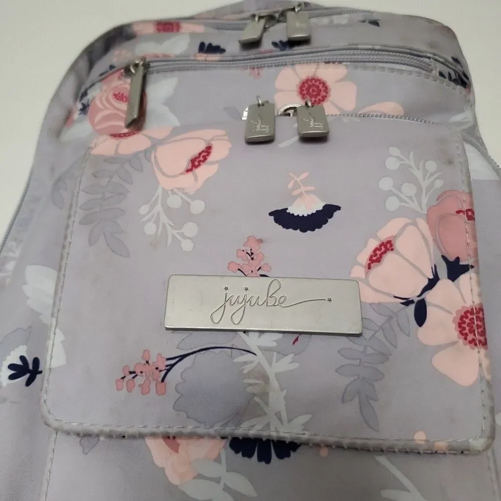 JuJuBe Be Right Back Multi-Function Diaper Backpack Floral Gray Multi Zip Pocket